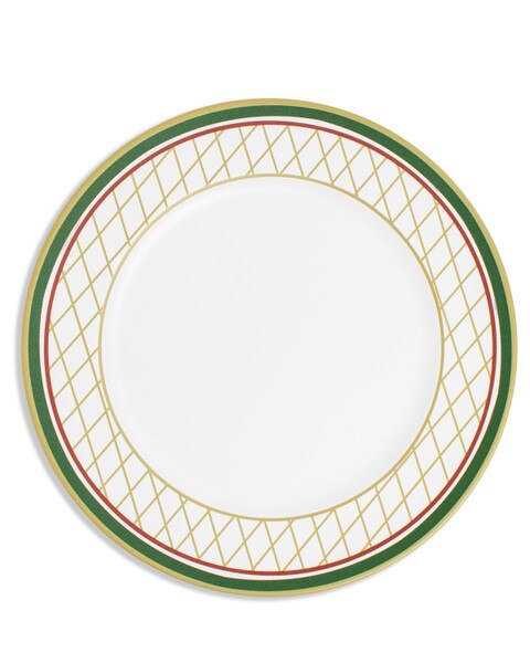 Ashford Charger plate, white center, gold lattice pattern, thin red border, dark green rim. Available in multiple sizes.