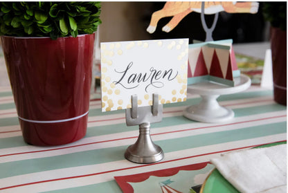 Place Card Holder displaying a script "Lauren" card. Available in small, medium, and large sizes.