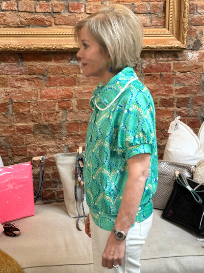 Emerald Bay Top: retro green and blue collared style. Available in sizes XS-XL.