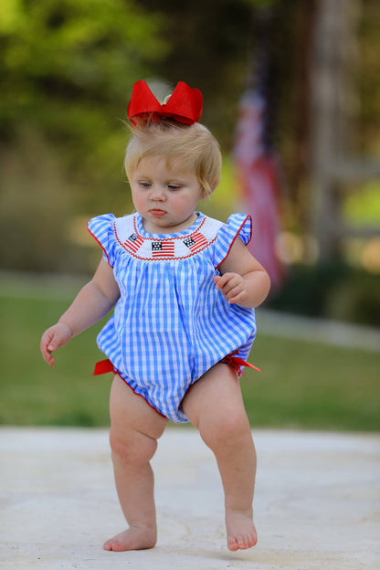 4th of July Flag Embroidery Smocking Girls Romper