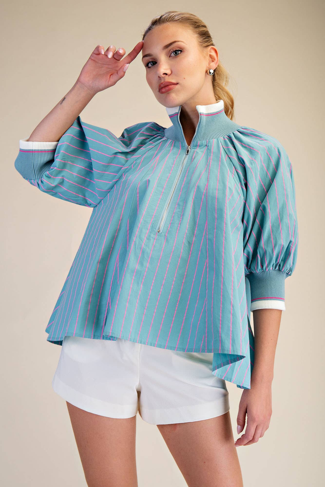 Mint Mock Neck Band Puff Sleeve Blouse