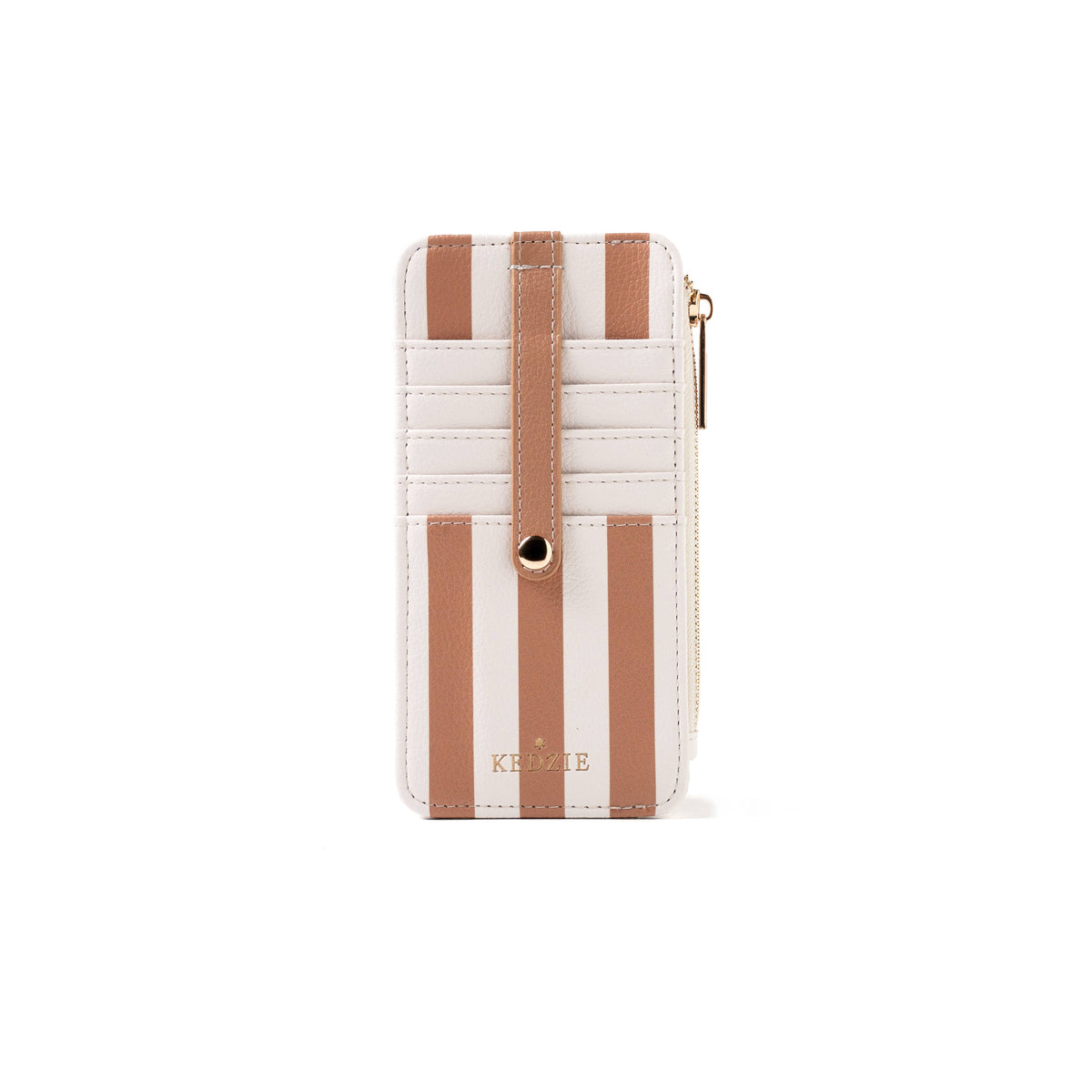 Beige and white vertically striped vegan leather cardholder with snap strap, zippered side, and gold “KEDZIE” logo at the bottom. Available in standard size.