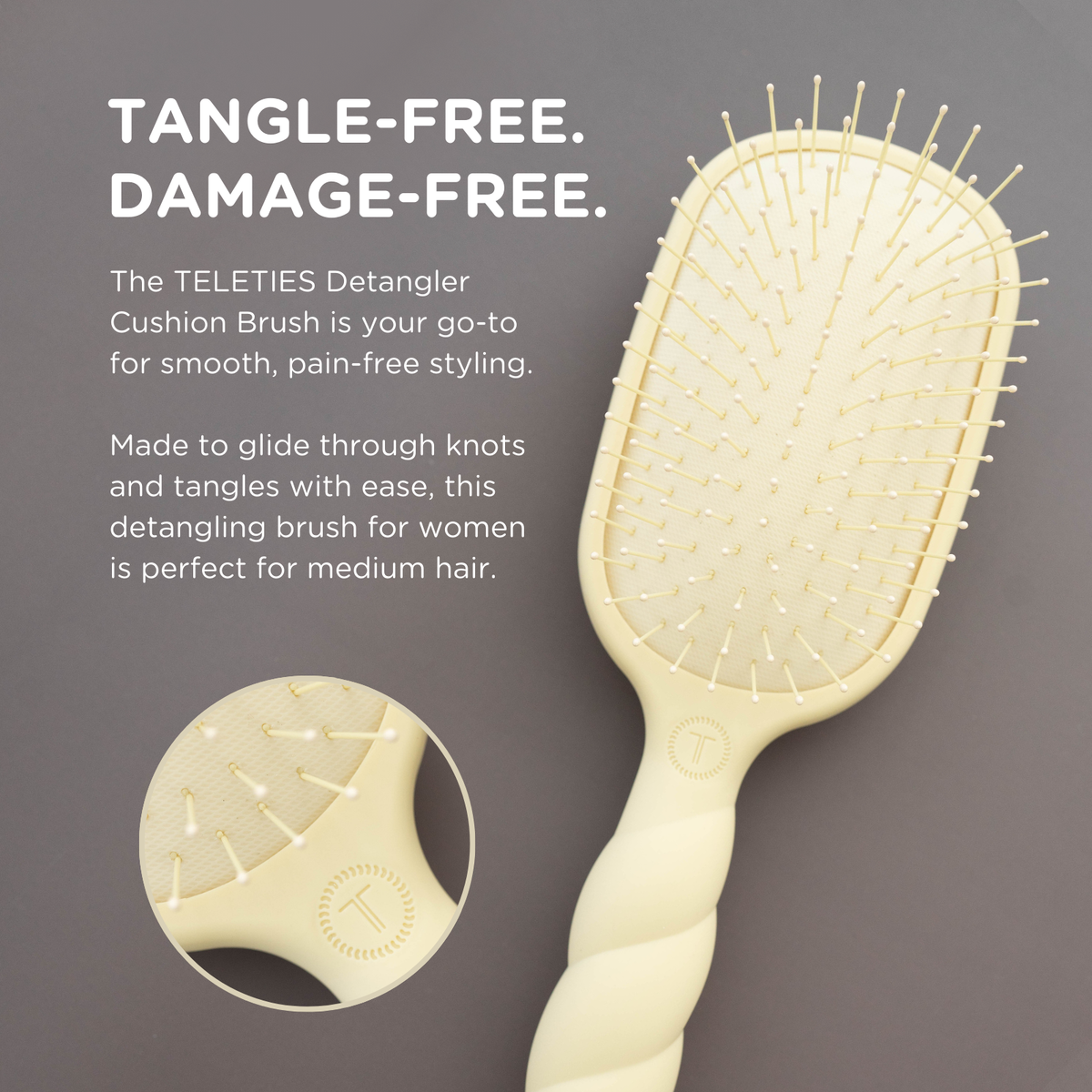 Tan TELETIES Detangler Hair Brush with twisted handle for medium hair. Available in multiple sizes. Designed for smooth, pain-free, tangle-free styling of medium and thick hair.