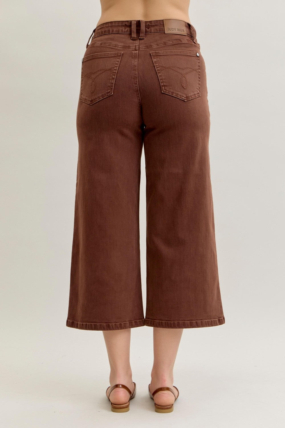 Judy Blue MR Crop Garment Dyed Utility Pocket Jeans: maple brown, high waist, wide leg, back pockets. Sizes: 0-20W.