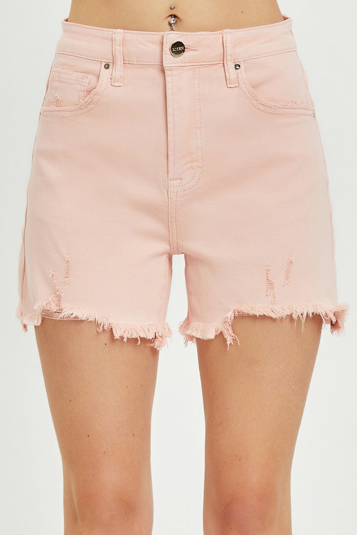 Risen High Rise Soft Pink Distressed Shorts with frayed hems, subtle front distressing. Available in sizes S-XL.