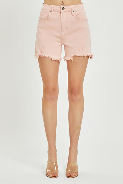 Risen High Rise Soft Pink Distressed Shorts