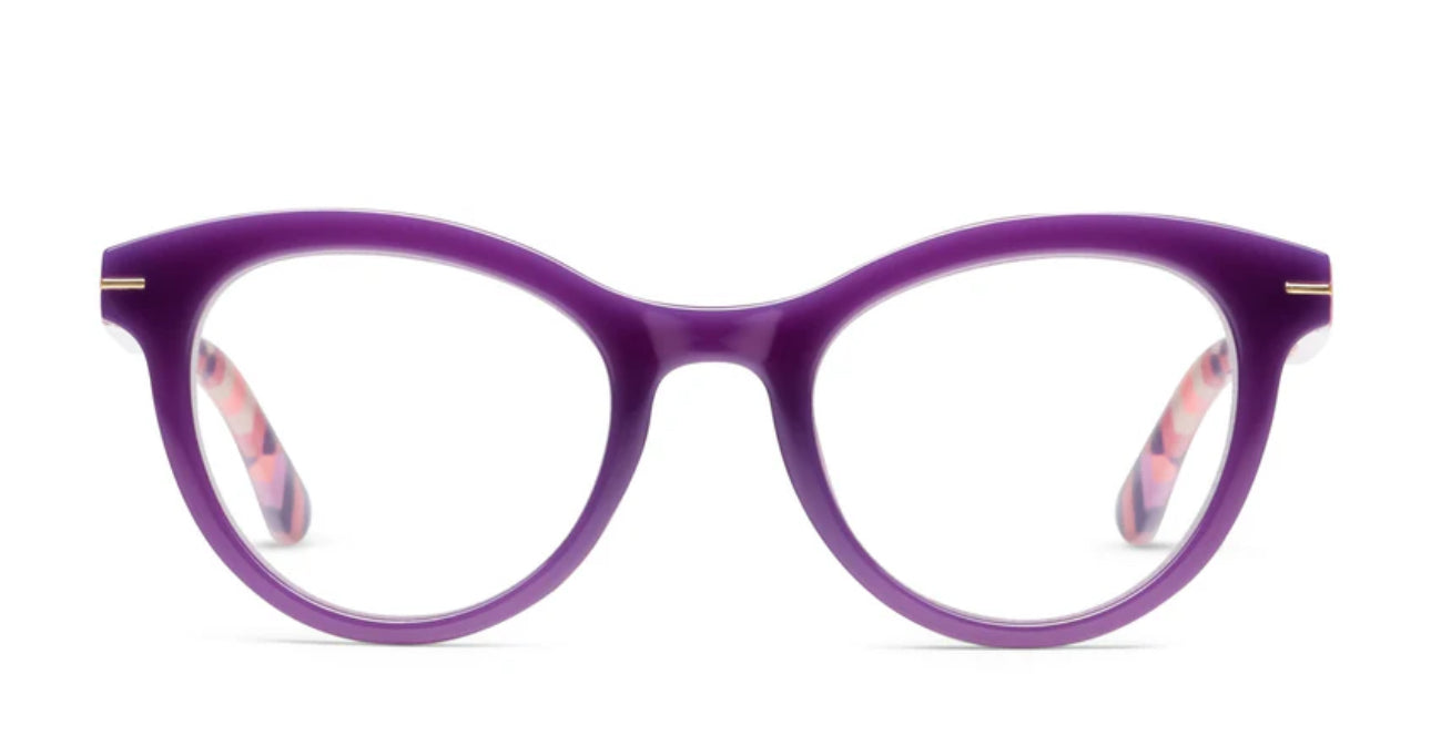 Peepers Daphne-Purple/Coral Check eyeglasses: Stylish, bold purple cat-eye frames with subtle gold temple accents. Pink and white interior pattern. Clear lenses. Sizes available: [Please specify size options].