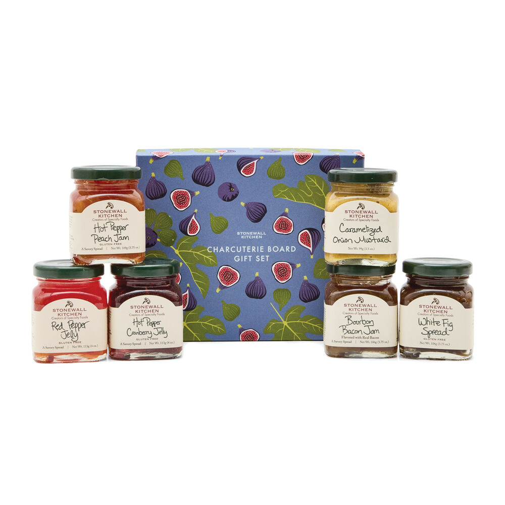 Charcuterie Board Gift Set with six savory spreads and jams in a blue fig-patterned box. Sizes available: one set.