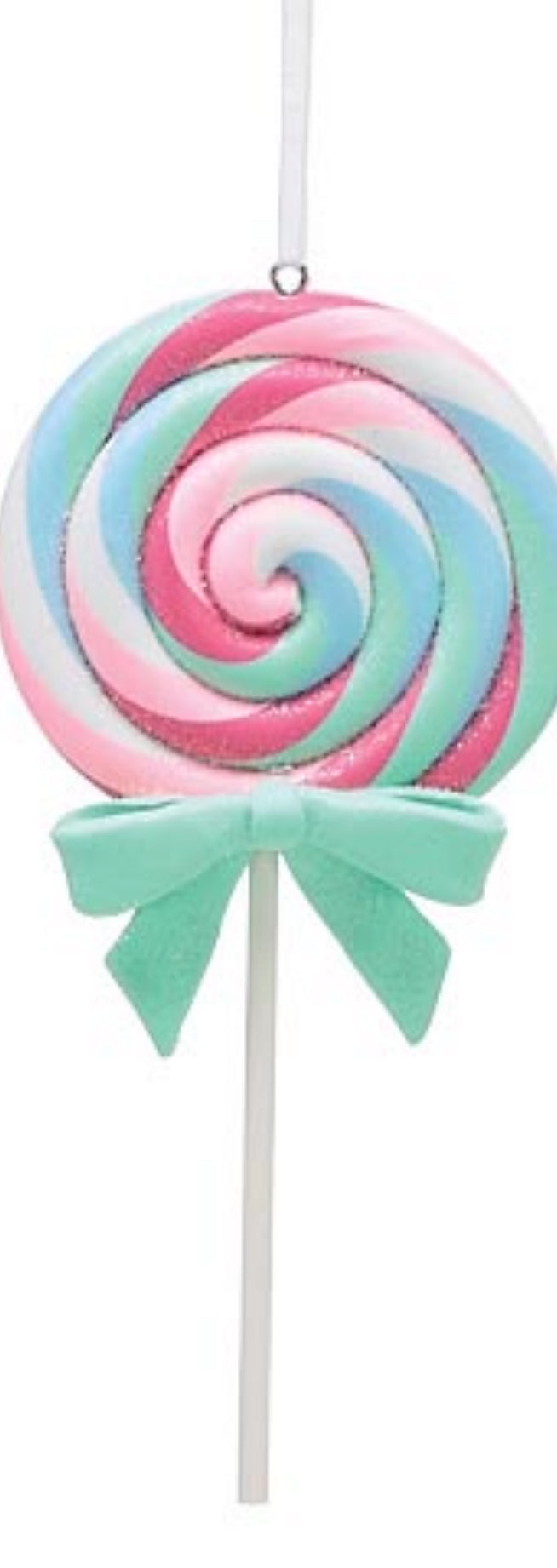 Candy Trees and Suckers Ornaments swirl lollipop in pink, blue, and white with a light green bow and white hanging ribbon.