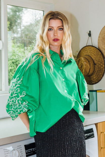 Kelly Embroidered Balloon Sleeve Button Down Shirt: Eye-catching green with distinctive balloon sleeves. Available sizes: XS, S, M, L, XL.