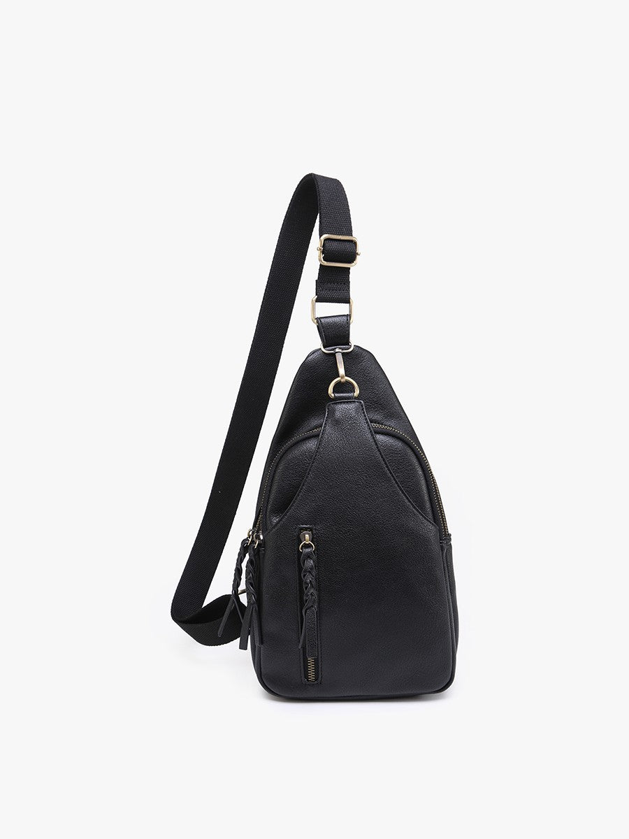Black vegan leather crossbody with front zipper pocket, adjustable strap, and gold-tone hardware. Available in S, M, L.