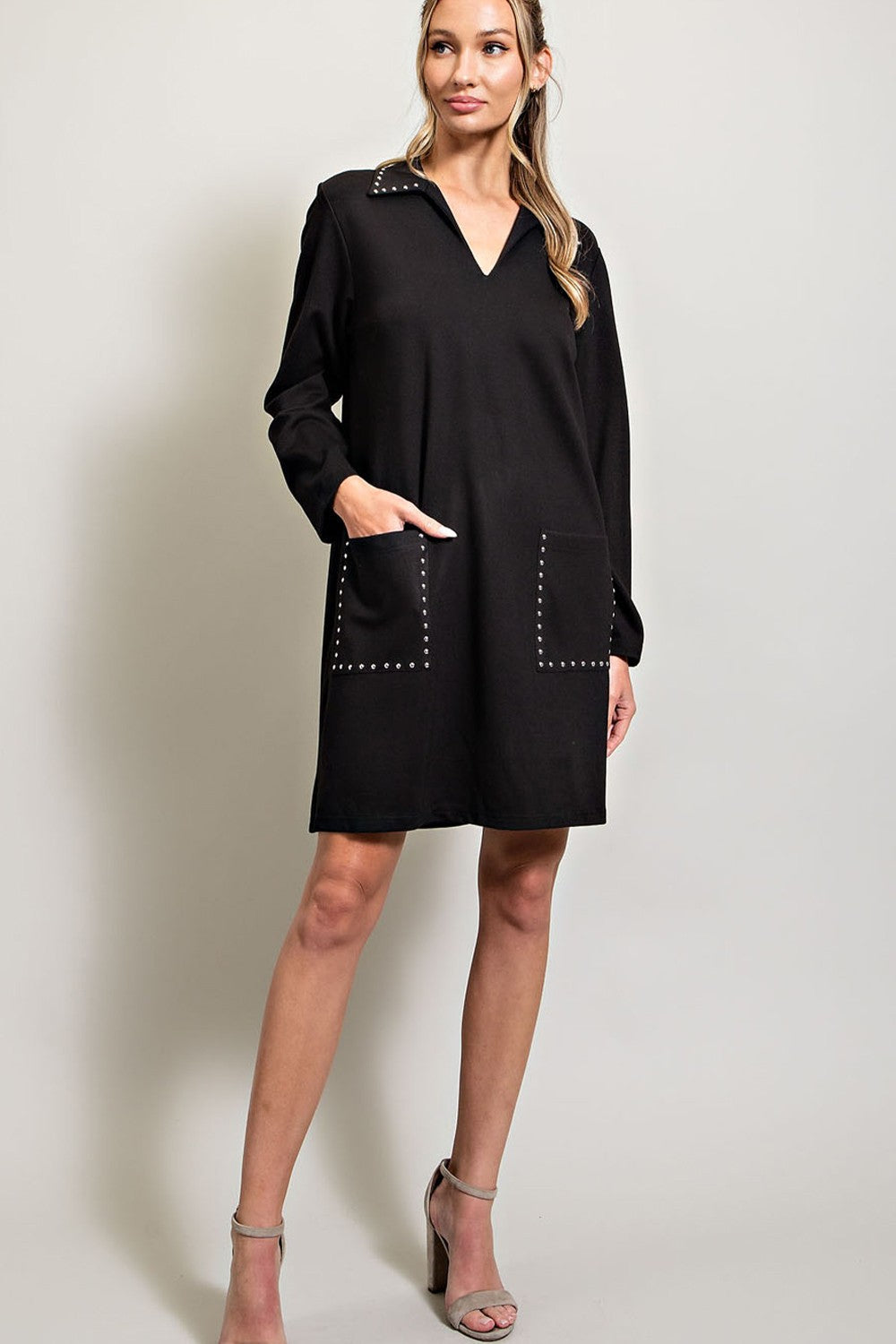Jewel Detail Pocket Mini Dress: black, loose fit, long sleeves, jeweled collar, front pockets. Available in XS-XL.