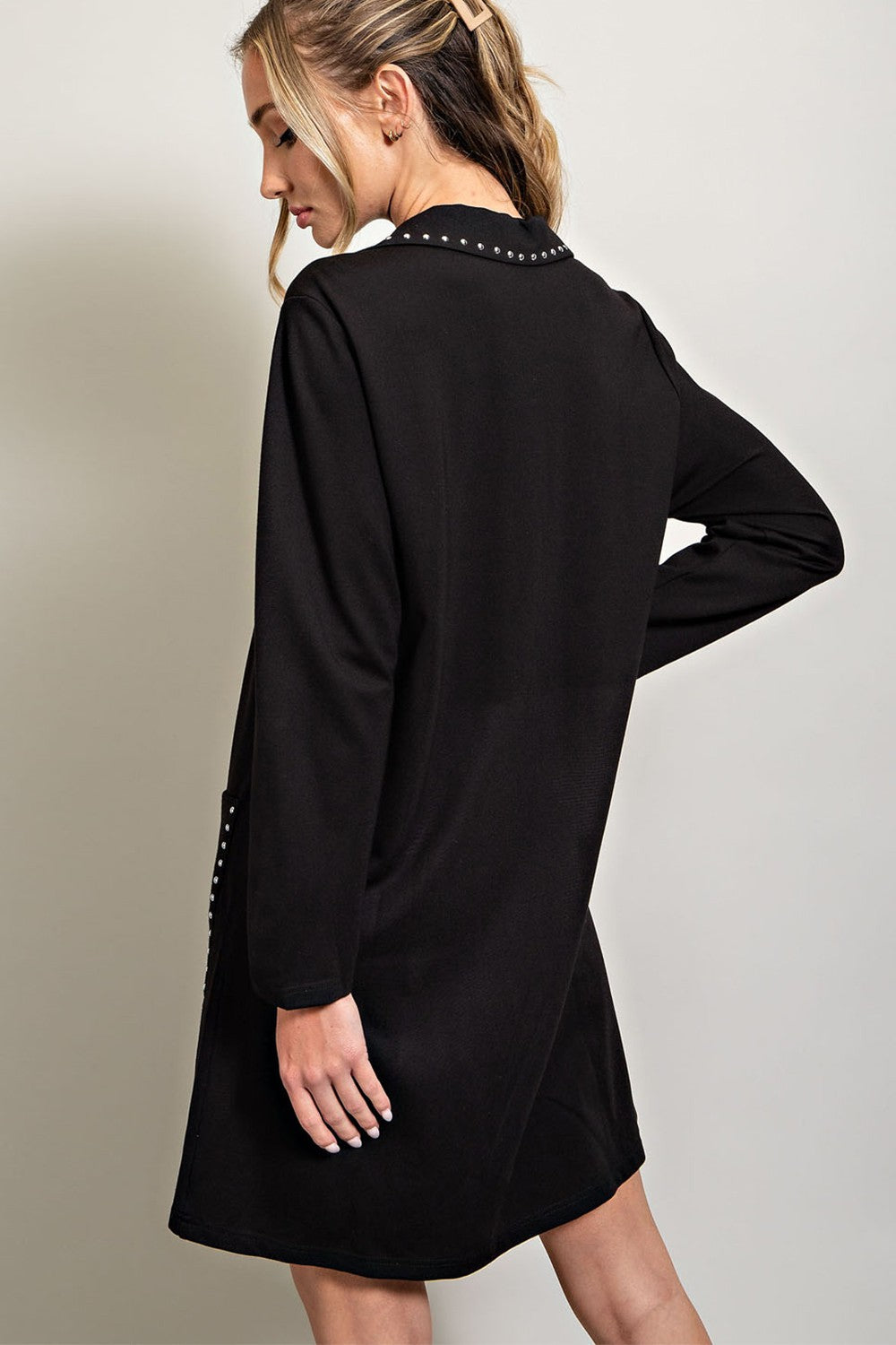 Jewel Detail Pocket Mini Dress with long sleeves, collared neckline, jewel studs. Available in sizes XS-XL.