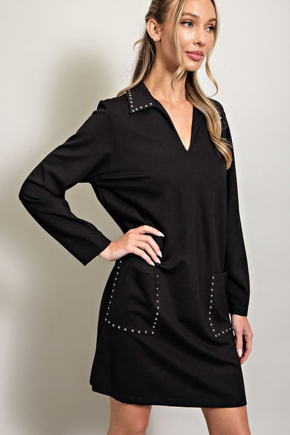 Jewel Detail Pocket Mini Dress with long sleeves, collared neckline, jeweled studs. Available in sizes XS-XL.