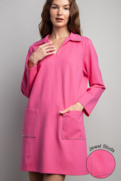 Pink Jewel Detail Pocket Mini Dress with long sleeves, collar, jeweled pockets. Available in sizes XS-XL.
