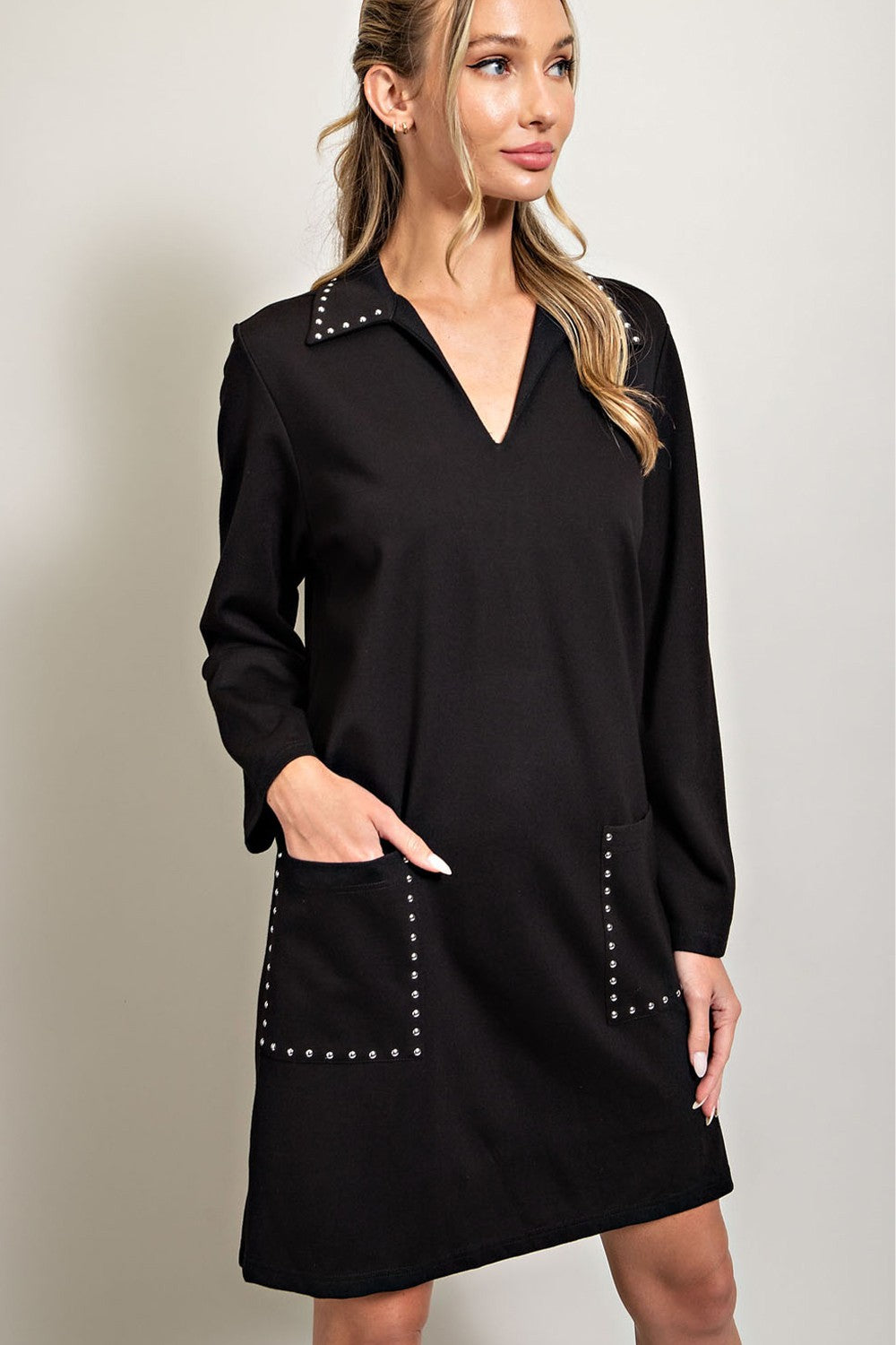 Jewel Detail Pocket Mini Dress: black, long sleeves, collared neckline, jewel accents on collar and pockets. Sizes XS-XL.