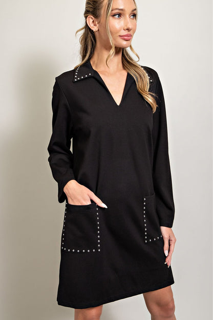 Jewel Detail Pocket Mini Dress: black, long sleeves, collared neckline, jewel accents on collar and pockets. Sizes XS-XL.