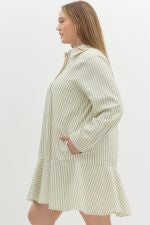 Striped Collared Tiered Dress with long sleeves, flared hem, and pockets. Available in sizes XS–XL.