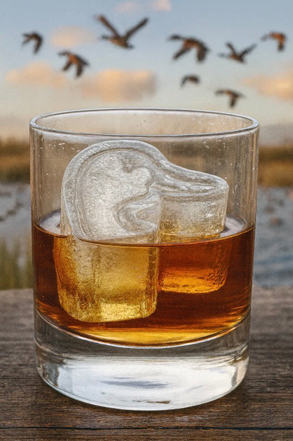 A glass of whiskey with two ice cubes, including one shaped like a duck’s head using the Ducks Unlimited Ice Mold, available in standard and large sizes.