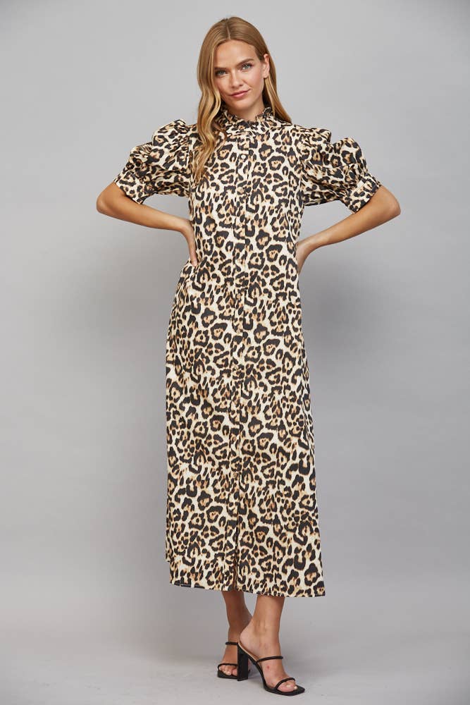 Animal print midi dress, ivory multi, size M, with a ruffled high neckline, short puffed sleeves, and front button closure.