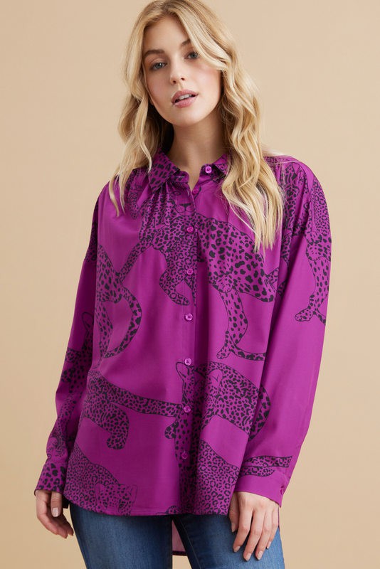 Magenta Satin Animal Print Top with long dolman sleeves. Available in sizes XS-XL.