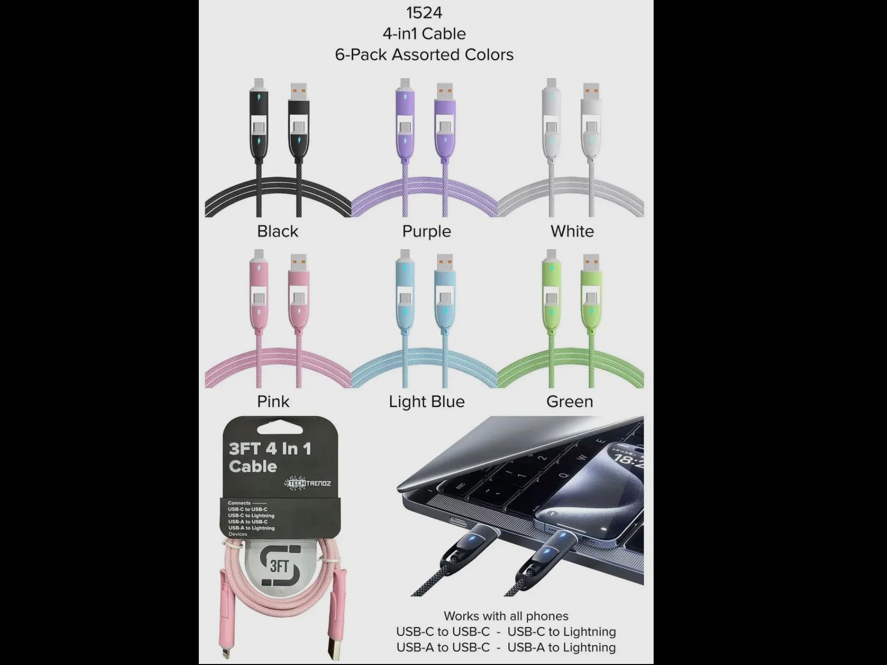 Six 3ft 4-In-1 Cables in black, purple, white, pink, light blue, and green.