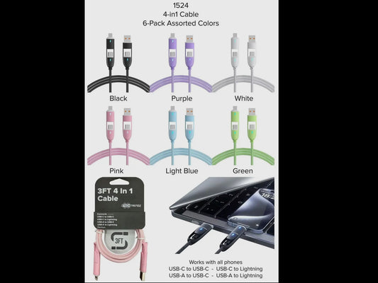 Six 3ft 4-In-1 Cables in black, purple, white, pink, light blue, and green.