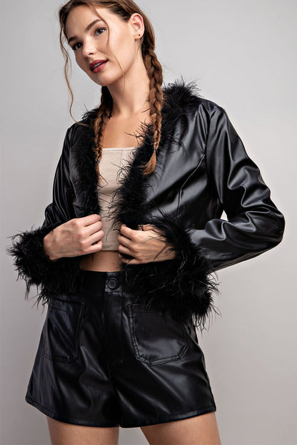 Feather Hem Pleather Jacket