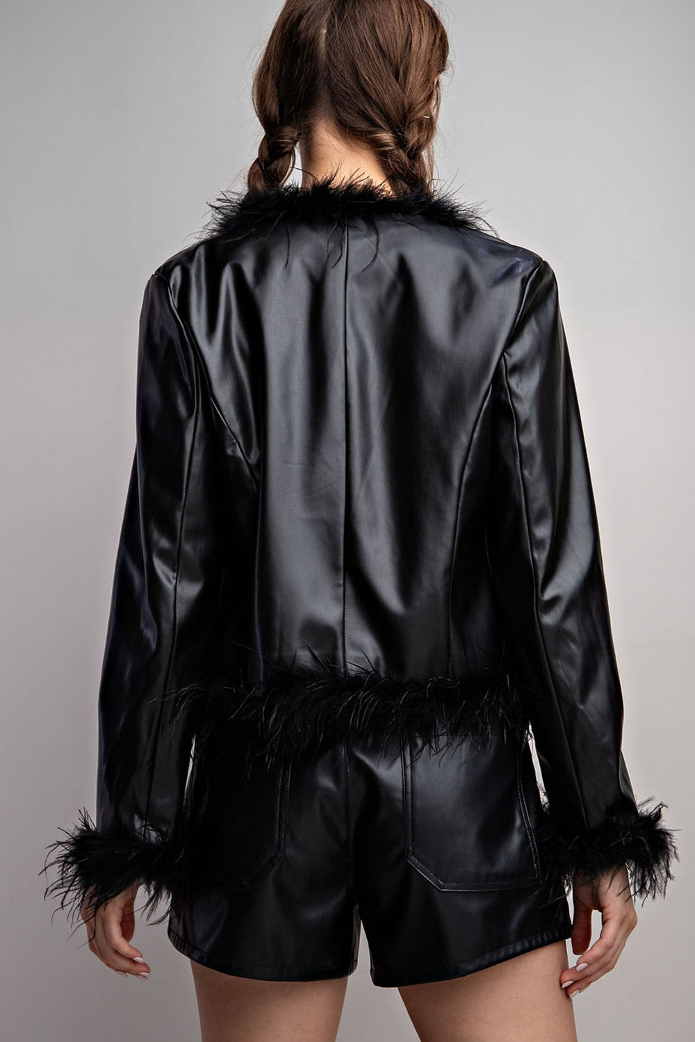 Feather Hem Pleather Jacket