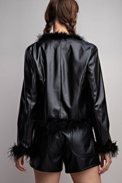 Feather Hem Pleather Jacket