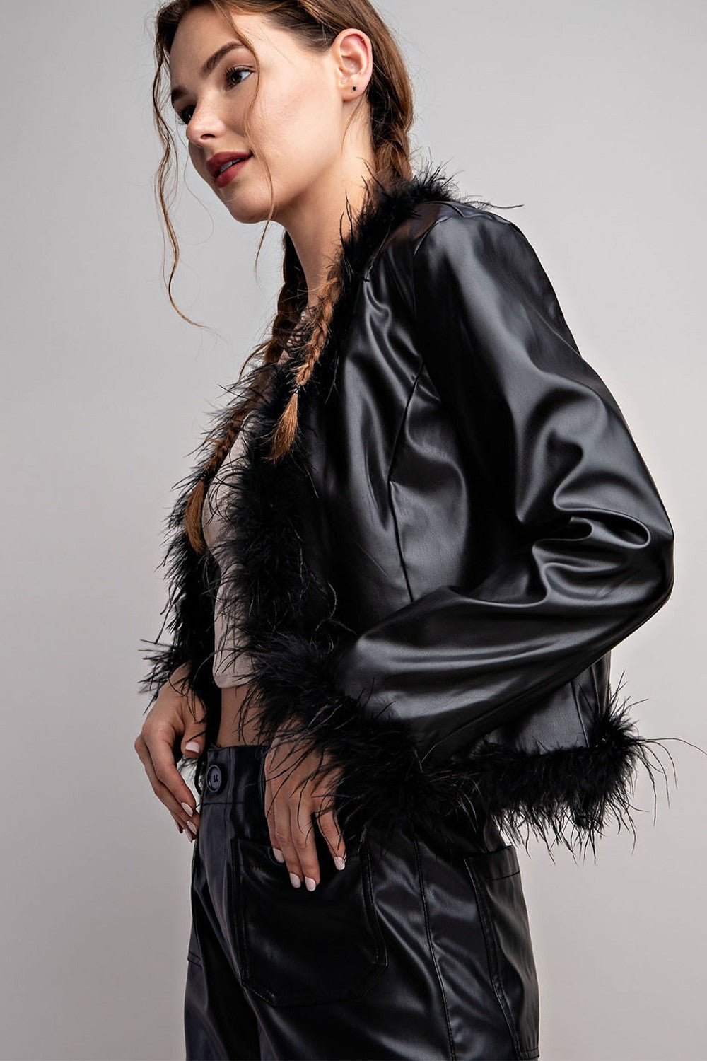 Feather Hem Pleather Jacket