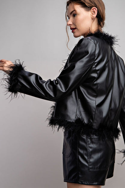 Feather Hem Pleather Jacket