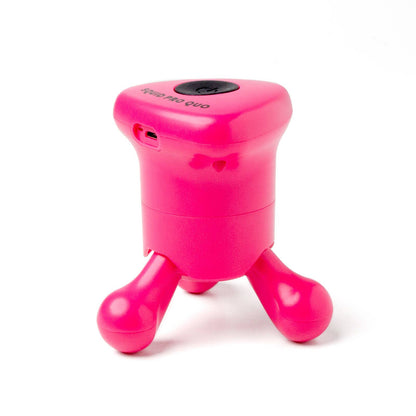 Small, bright pink body massager with three rounded legs and a top button. Available in one compact size.