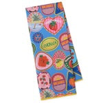 Blue microfiber dishtowel with fruit, heart patterns, and text. Absorbent, decorative. Available in standard kitchen size.