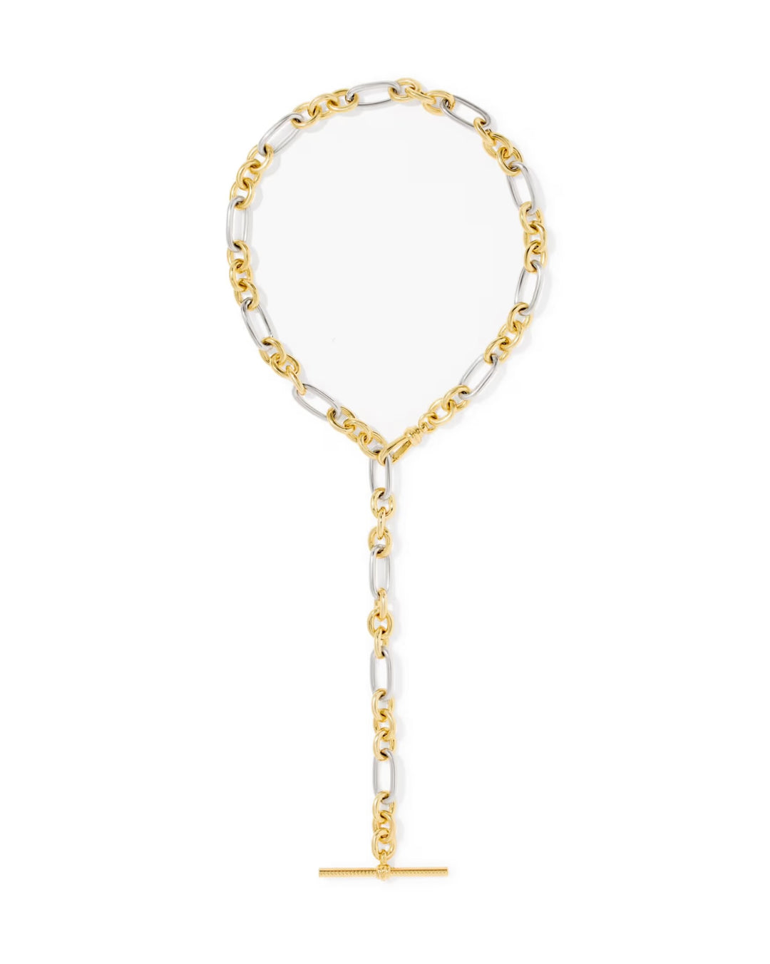 The Embry Link Chain Necklace by Kendra Scott features alternating gold and silver links, a vertical drop, and a gold bar pendant. Available in 16", 18", and 20" lengths.
