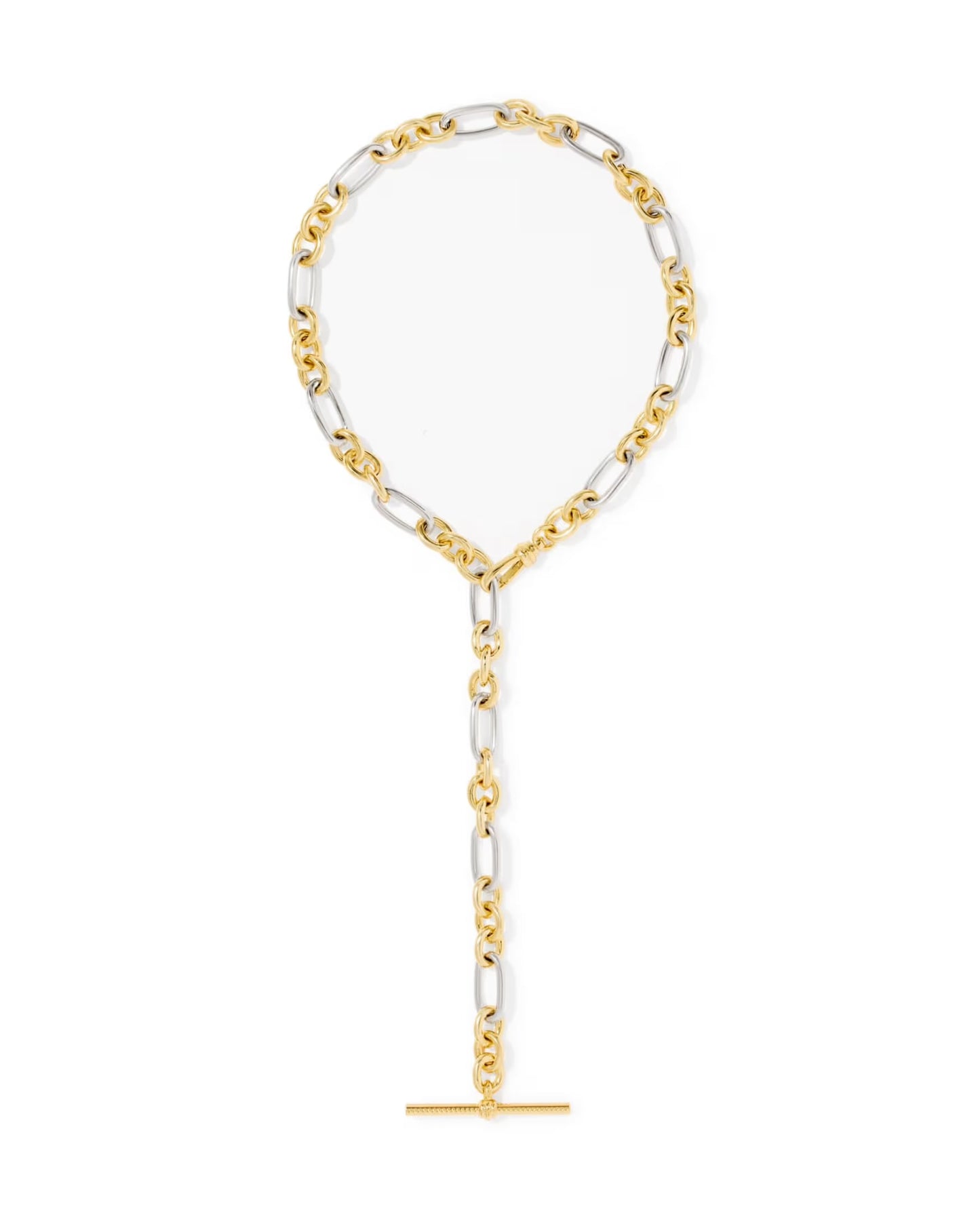 The Embry Link Chain Necklace by Kendra Scott features alternating gold and silver links, a vertical drop, and a gold bar pendant. Available in 16", 18", and 20" lengths.