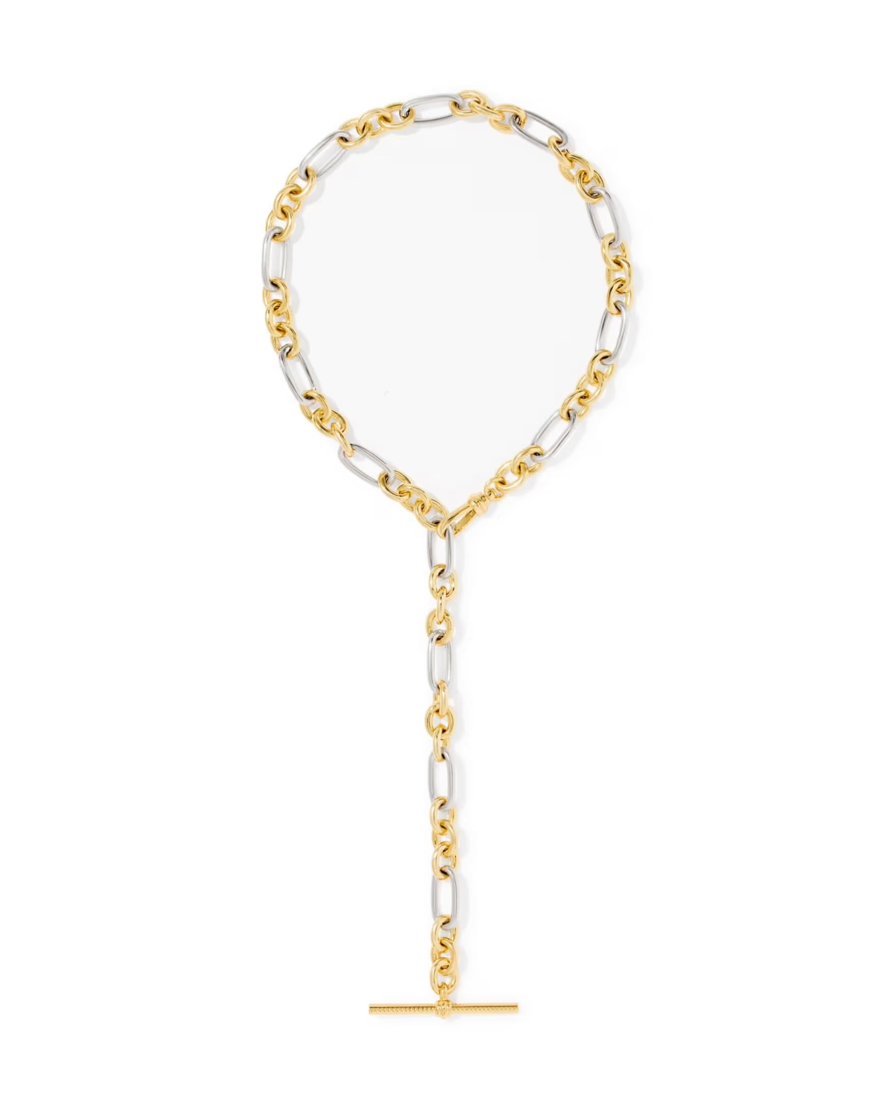 The Embry Link Chain Necklace by Kendra Scott features alternating gold and silver links, a vertical drop, and a gold bar pendant. Available in 16", 18", and 20" lengths.