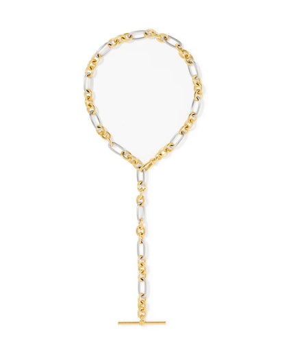 The Embry Link Chain Necklace by Kendra Scott features alternating gold and silver links, a vertical drop, and a gold bar pendant. Available in 16", 18", and 20" lengths.