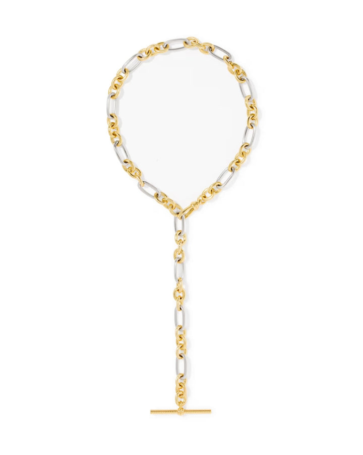 The Embry Link Chain Necklace by Kendra Scott features alternating gold and silver links, a vertical drop, and a gold bar pendant. Available in 16", 18", and 20" lengths.