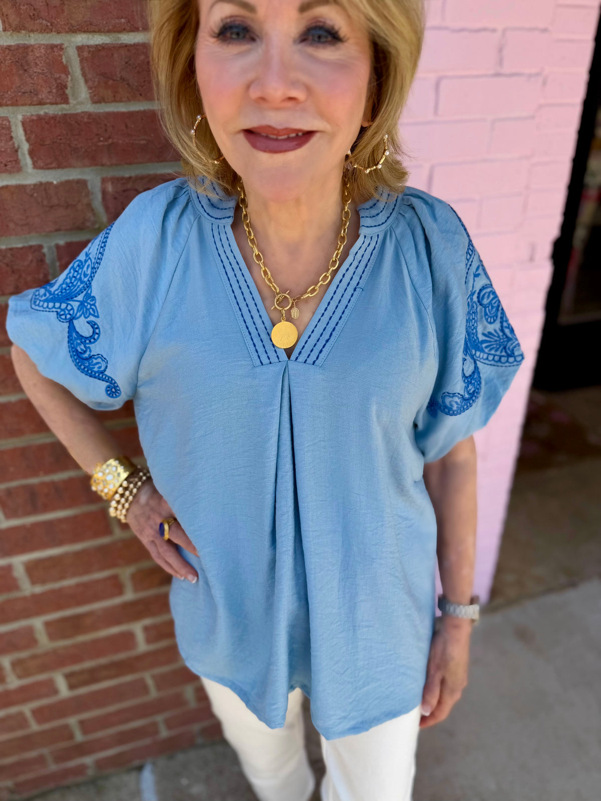 Light Blue Embroidered Puff Sleeve Top, available in sizes XS-XL.