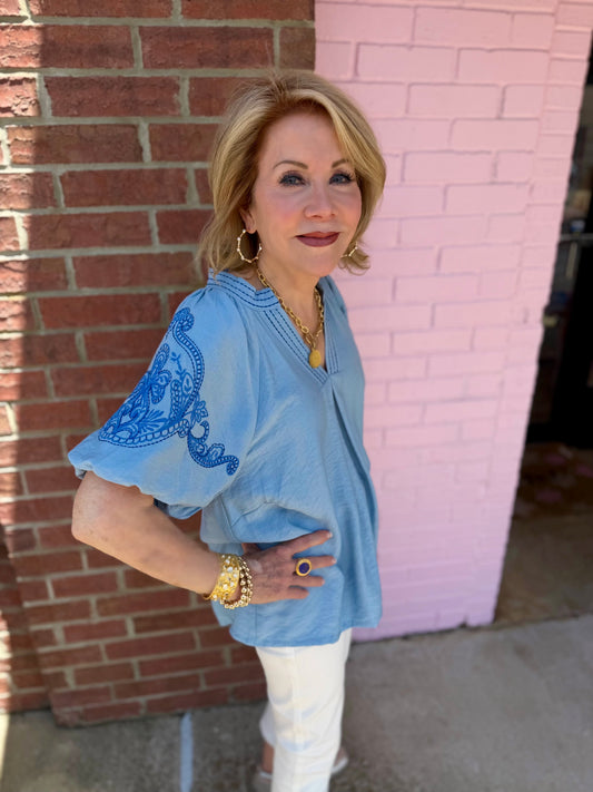 Light Blue Embroidered Puff Sleeve Top. Available in sizes XS–XL.