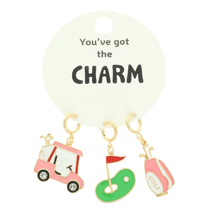 Epoxy Golf Cart, Putting Green, and Golf Bag Charm Set: three gold keychains on card. Sizes: one size set.