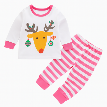 Pink Deer Toddler 2-Piece Clothes Set (size 3-4T): white cotton top with reindeer face and ornaments, pink and white striped pants; machine-washable.