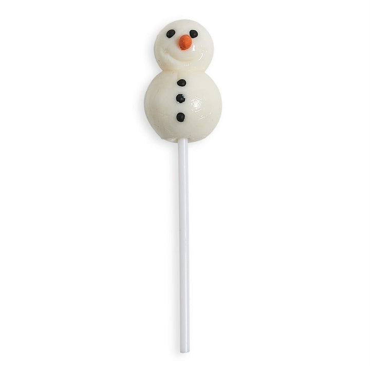 Snowman lollipop with white candy, carrot nose, and dark dots for eyes, mouth, and buttons. Available in various sizes.