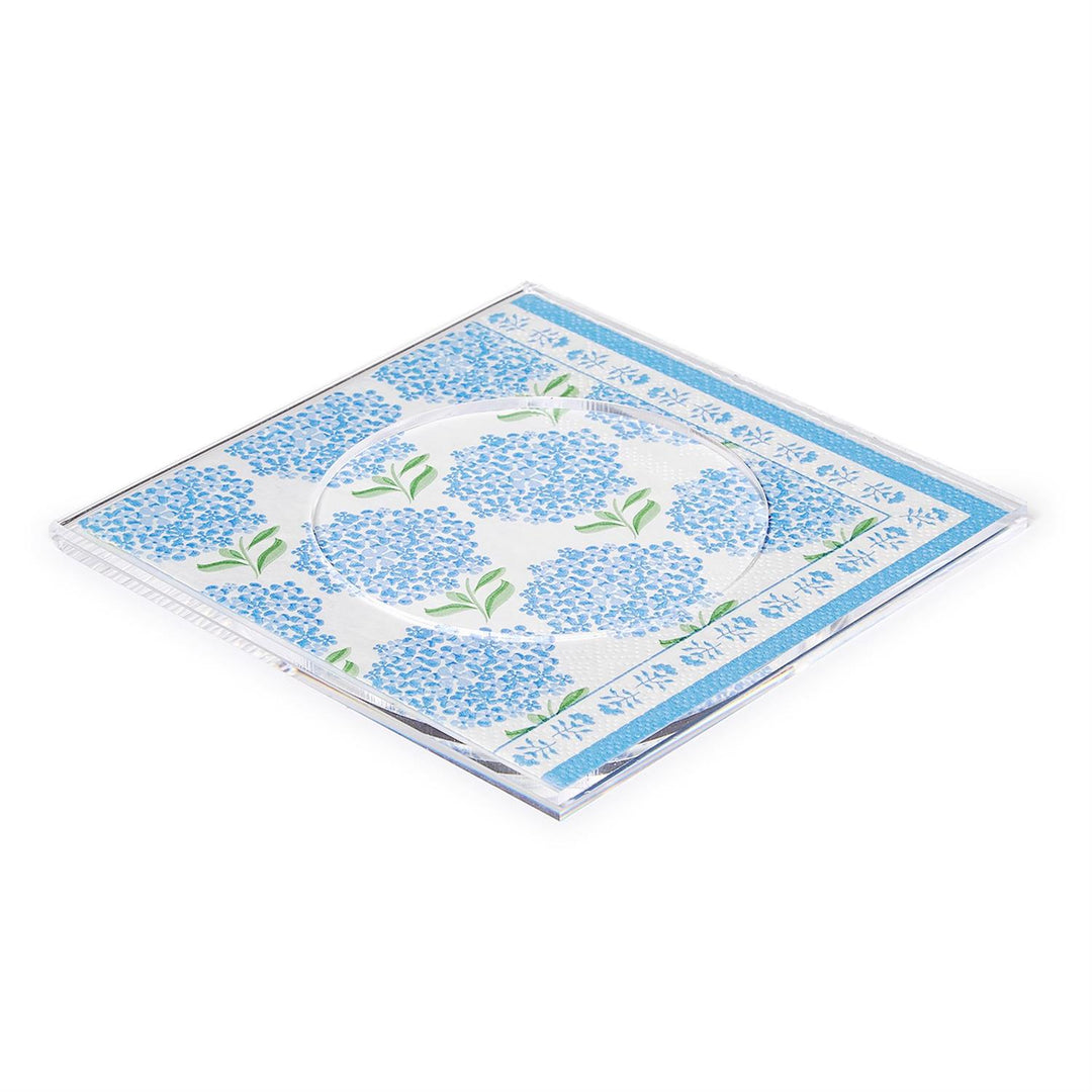 Square customizable acrylic coasters with blue and white hydrangea pattern.