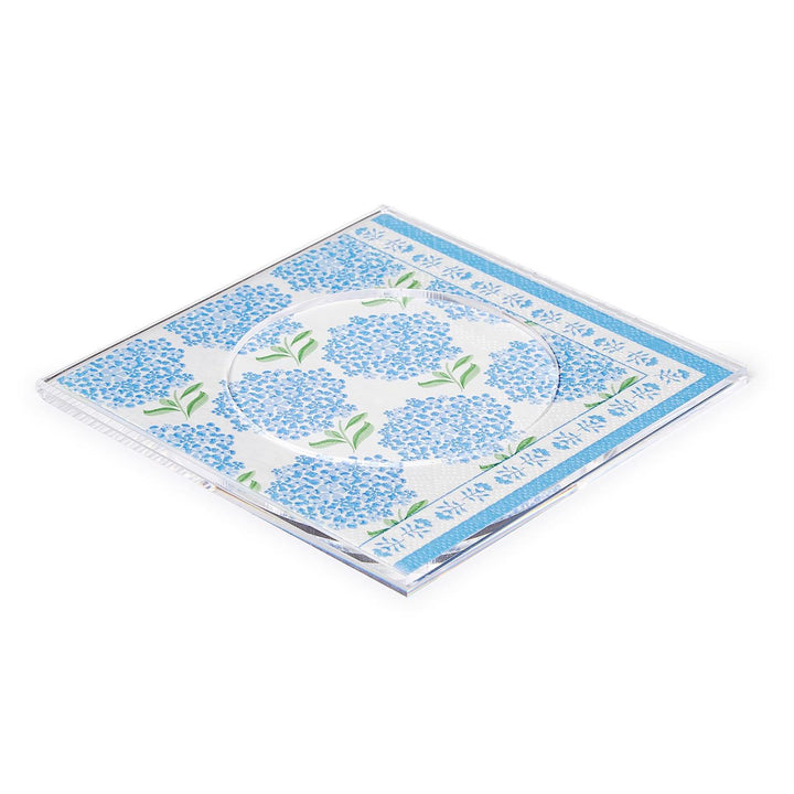 Square customizable acrylic coasters with blue and white hydrangea pattern.