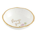 Small white ceramic jewelry dish with gold rim, "flower girl" in gold, pink flower detail. Size: small.