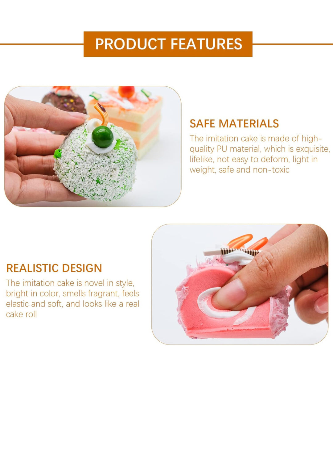 Green-decorated fake cake slice made of PU, lifelike design. Available in 6cm, 8cm, and 10cm sizes.