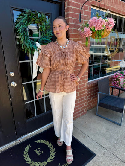 Gingham Tie Blouse, available in sizes XS-XL.