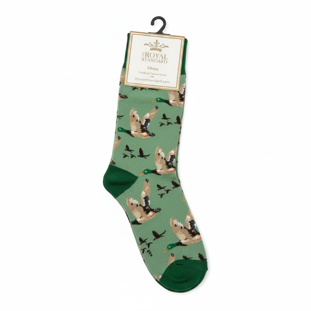Men’s Flying Mallard Sock: green sock with flying mallard duck pattern, “The Royal Standard” label, dark green toes, heel, and cuff. Available in men’s sizes 8-12.